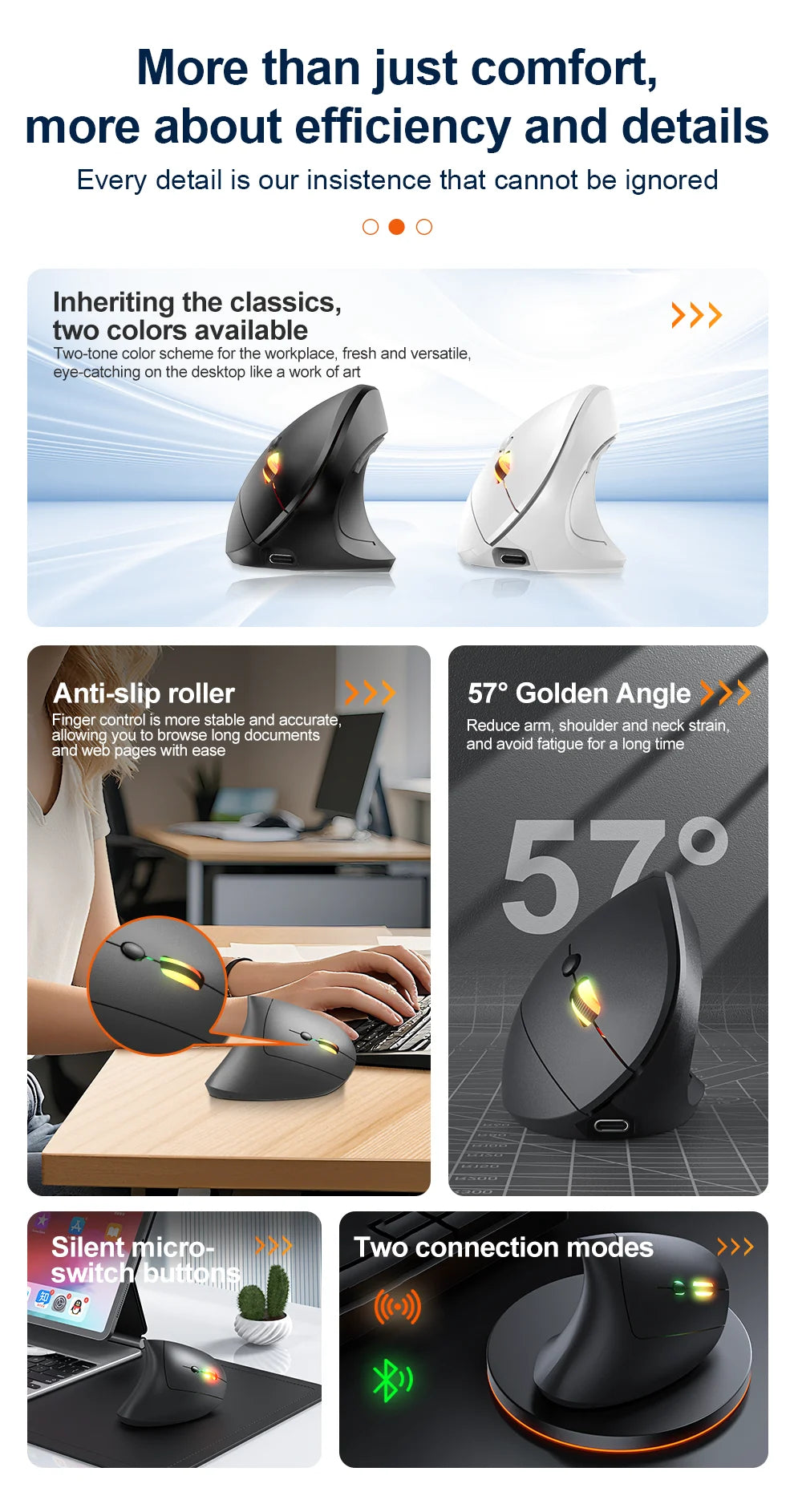 2.4G Bluetooth vezeték nélküli függőleges egér, újratölthető, ergonomikus, 1600DPI állítható gaming egér, 6 gombos, laptophoz, PC-hez és számítógéphez