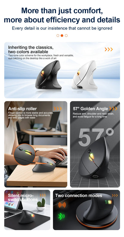2.4G Bluetooth vezeték nélküli függőleges egér, újratölthető, ergonomikus, 1600DPI állítható gaming egér, 6 gombos, laptophoz, PC-hez és számítógéphez