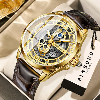Montre-bracelet à quartz vintage ajourée BINBOND pour homme, lumineuse, étanche, précise et durable, style décontracté.