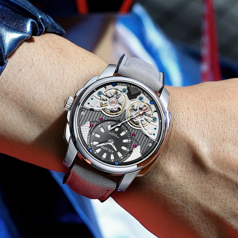 AILANG Automatic Mechanical Waterproof Sport Military Men Watch Luxury Double Tourbillon Man Wristwatch Leather Strap