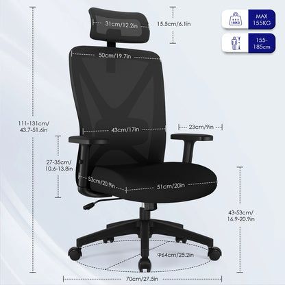 AUTHMIC Ergonomic Office Chair with 5D Lumbar Support, Mesh Back, Adjustable Headrest, Armrests & Reclining Desk Chair