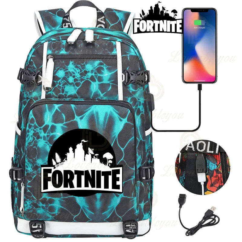 Ultima Knight F-Fortnited Battle Royale Backpack with USB Charging Anime Figures Study Stationery Compartment for Students