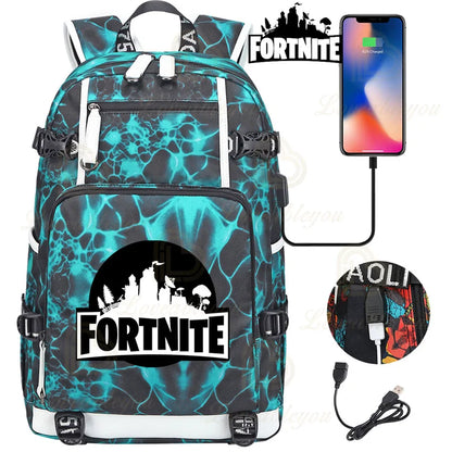 Ultima Knight F-Fortnited Battle Royale Backpack with USB Charging Anime Figures Study Stationery Compartment for Students