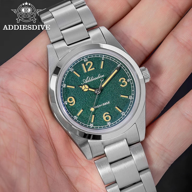 Relógio para homem ADDIESDIVE 36mm em destaque AD2518 com vidro espelhado convexo, aço inoxidável 316L, Reloj Hombre, 100m à prova de água, quartzo