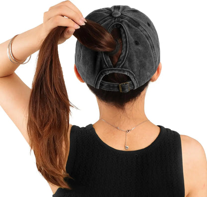 Ponytail Hats for Women - Distressed Hat with Ponytail Hole for Women Baseball Cap