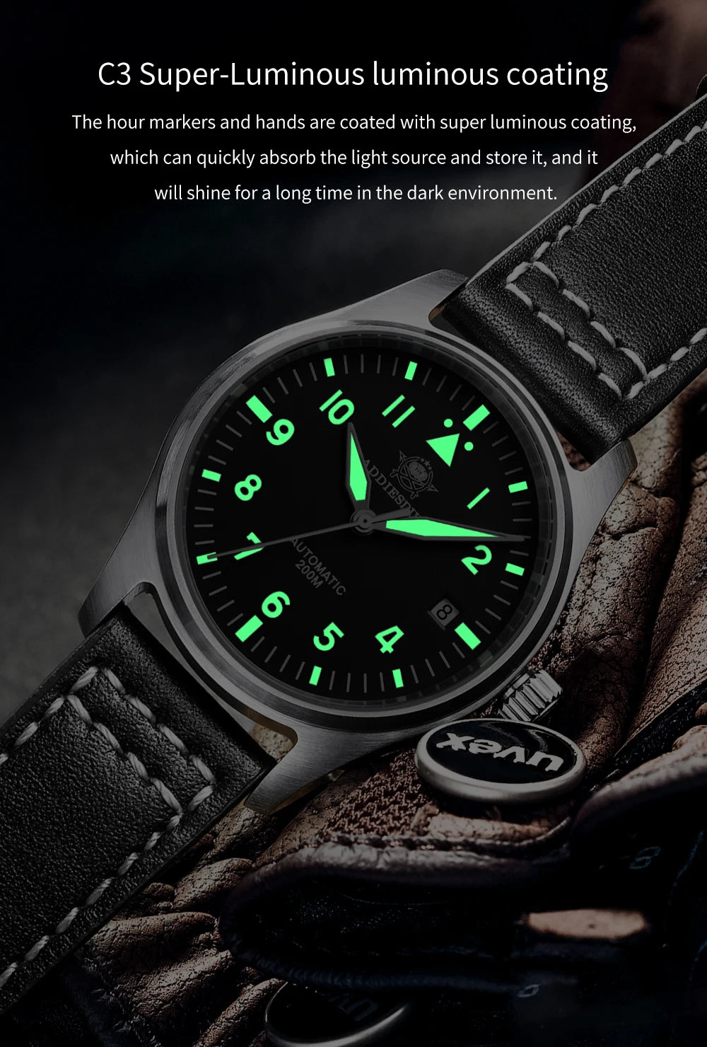 ADDIESDIVE Fashion Retro Personalized Watches 200m Waterproof C3 Luminous Steel Watch Sapphire Glass Mechanical Analog Watches