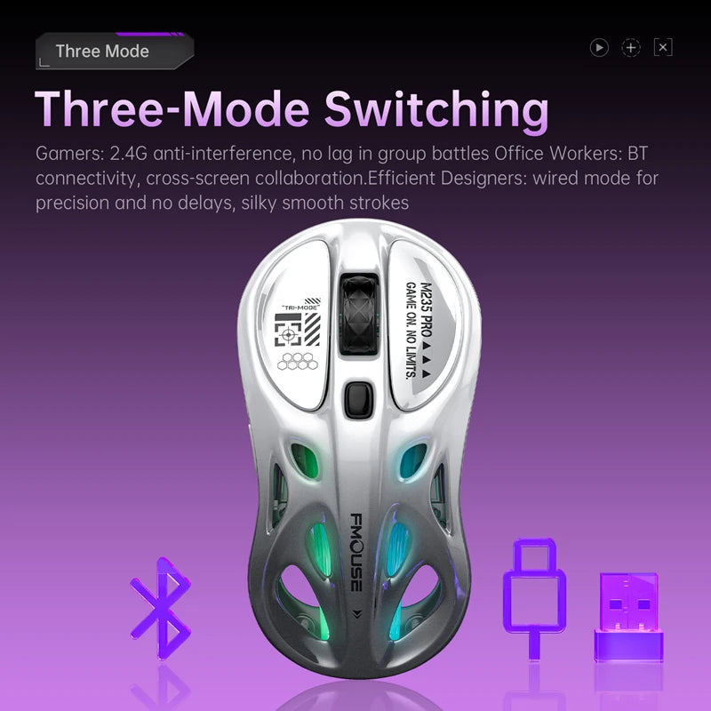 Draadloze 2.4G tri-mode RGB-gamingmuis met hol, lichtgewicht ontwerp, Chroma-verlichting, bekabeld, Bluetooth, e-sports muiscontroller