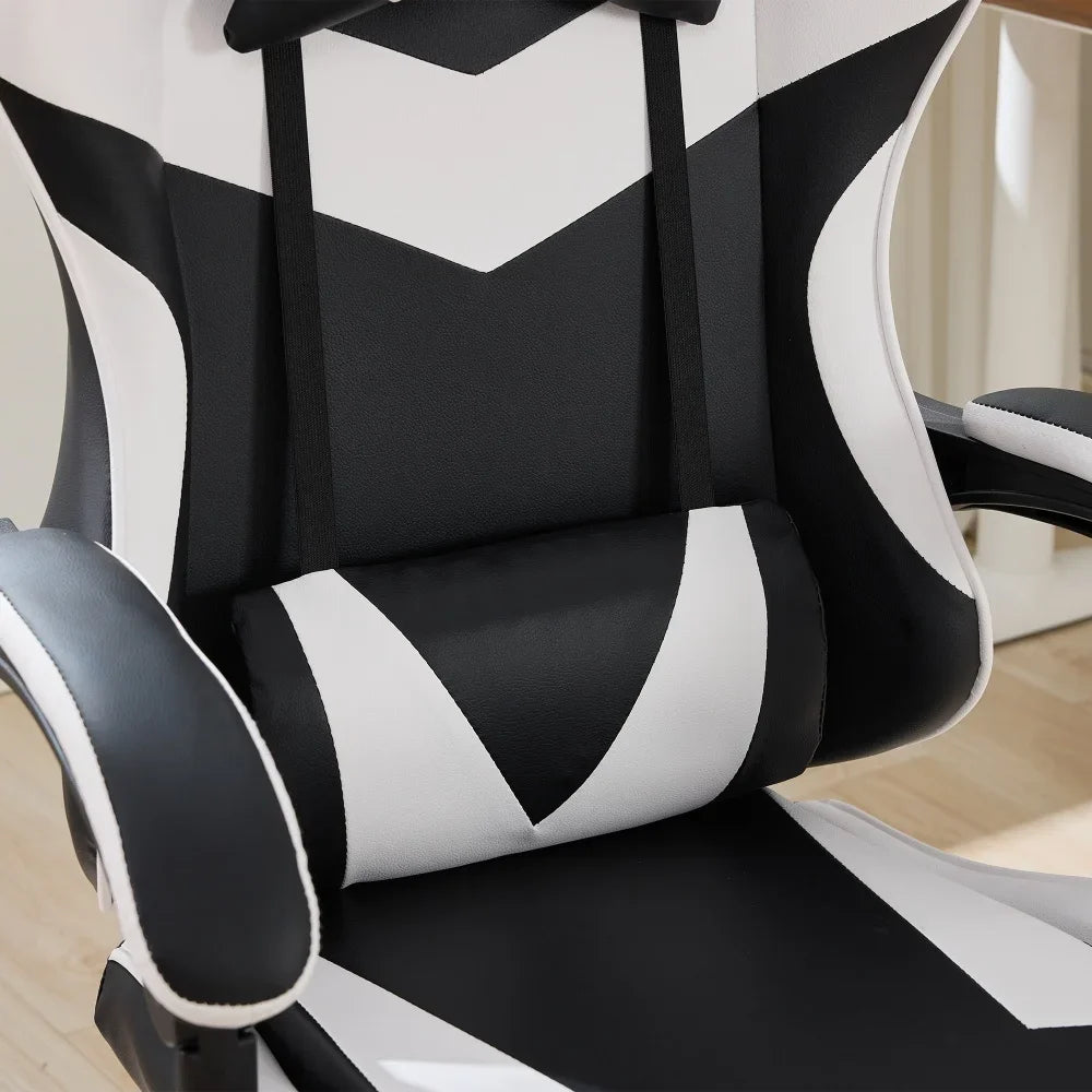 360° Swivel Ergonomic Racing Design Gaming Chair Leather High Back Office Chair Height Adjustable Task Chair, Black & White