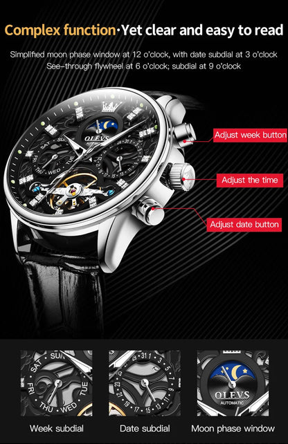 OLEVS 6658 Automatic Mechanical Watch for Man Leather Strap Waterproof Moon Phase Business Dress Men's Watches