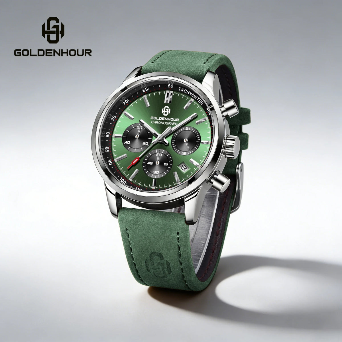 Luxusní pánské hodinky GOLDENHOUR – křemenný chronograf, zelený ciferník, kožený řemínek, vodotěsné, luminiscenční, vojenský a sportovní styl
