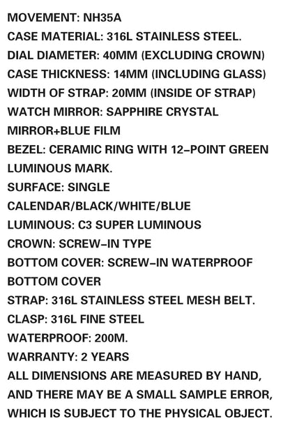 SEA KNIGHT Men 200M Waterproof Diving Watch Sapphire Crystal 316L Steel Mesh Belt C3 Luminous NH35A Automatic Mechanical Watch