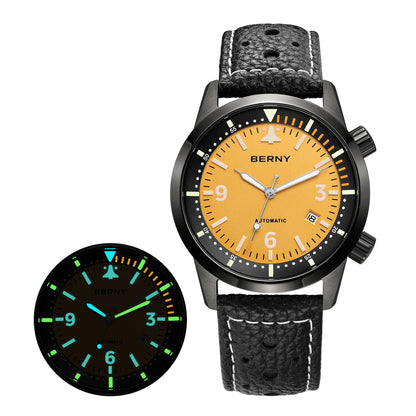 BERNY Men's Automatic Diver Watch Supper Luminous Sapphire AR Coated MlYOTA 8215 Leather Strap Mechanical Diving Watches for Men