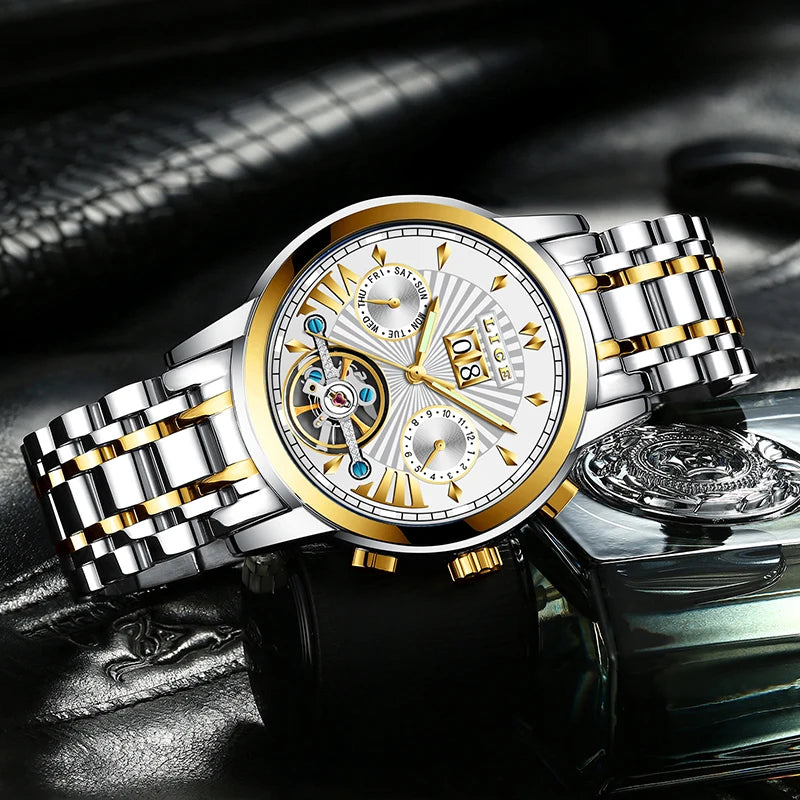 LIGE automatische mechanische polshorloges voor heren – Luxe horloge uit het topsegment met tourbillon, elegant en waterdicht model, ideaal voor op het werk of formele gelegenheden.