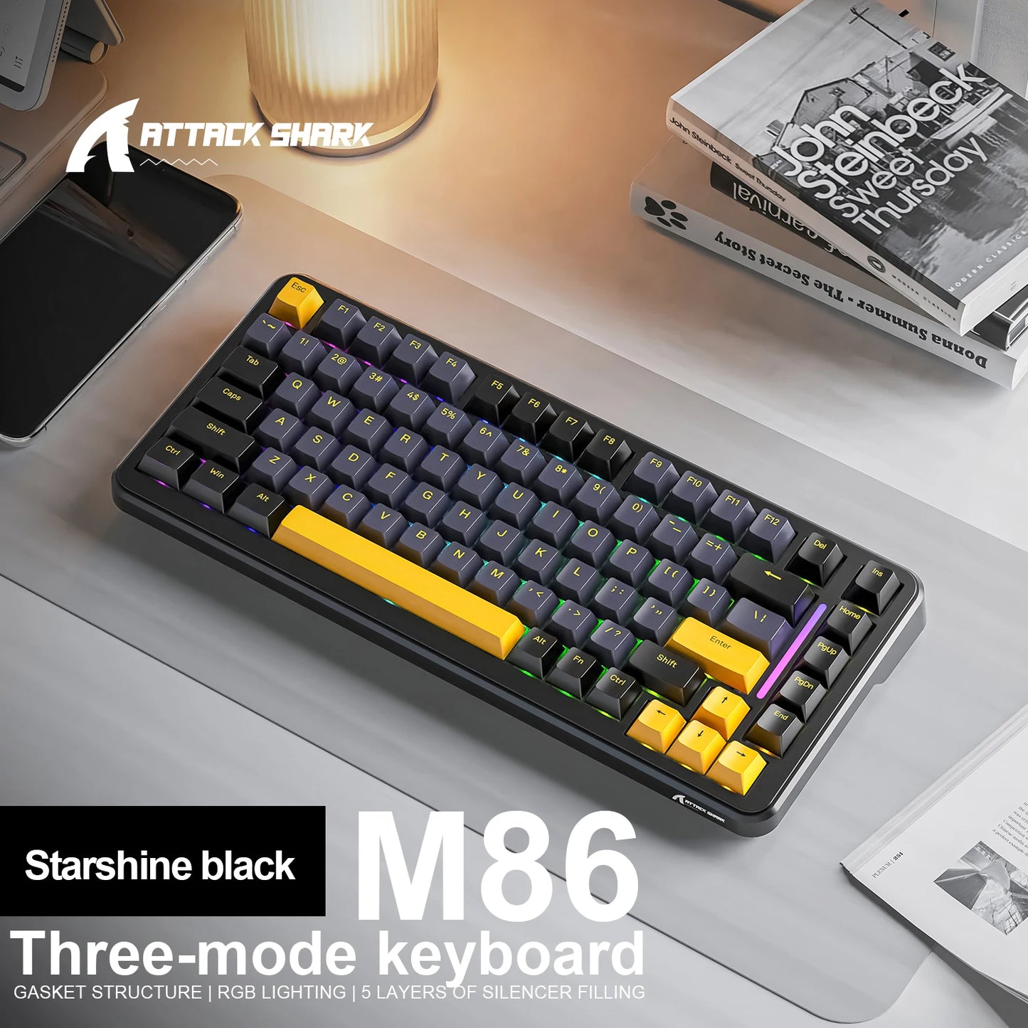 Attack Shark M86 Wireless Mechanical Keyboard 75% Compact RGB Backlit Hot-Swappable Side-Printed PBT Keycaps Tri-Mode 4000mAh