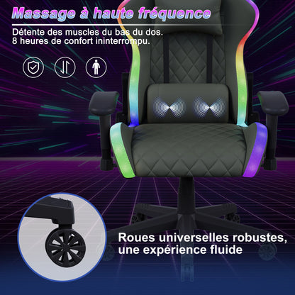 Rosahqnda Gaming Chair with Massage Function, LED Lights, Ergonomic Gaming Chair, Adjustable Reclining Computer Chair with Lumbar Support, Headrest & 150KG Capacity