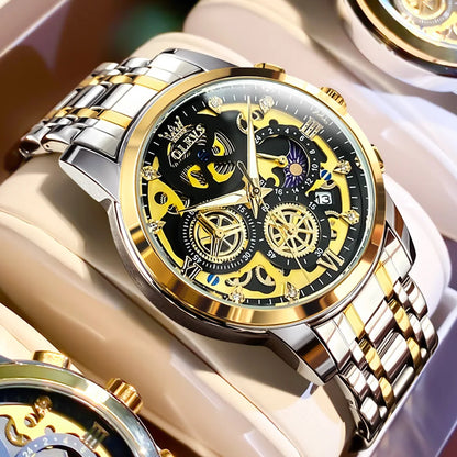 OLEVS herenhorloge – Luxe model, waterdicht, quartz, skeletstijl, 24-uursweergave (dag/nacht), goudkleurig