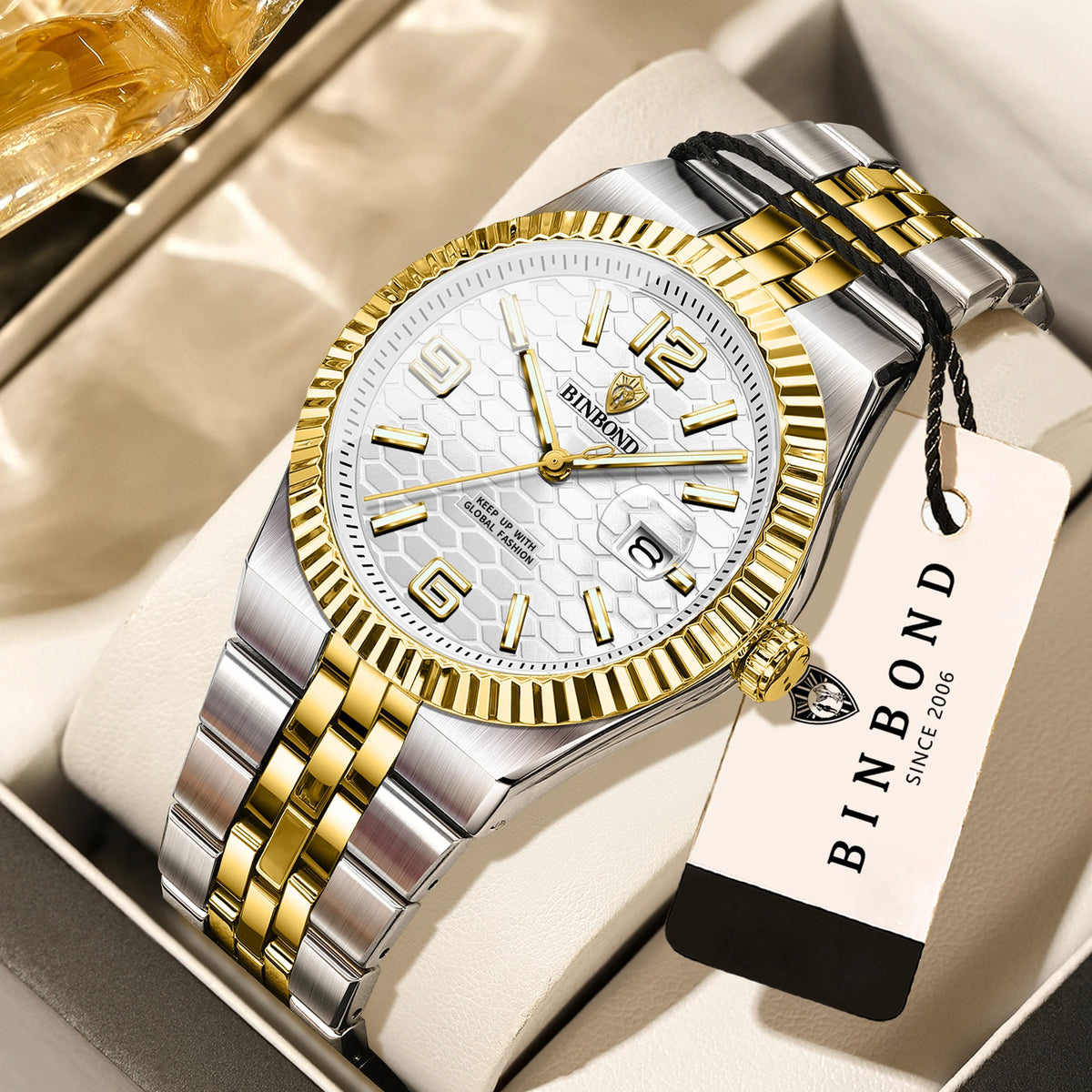 Luxus-Quarz-Armbanduhr von BINBOND, beleuchtet, wasserdicht, mit automatischem Datumsanzeige, für Herren, aus Edelstahl, im Business-, Sport-, Mode- und Freizeit-Stil.