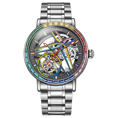 Pánské skeletové hodinky v módním stylu, zdobené drahokamy v barvách duhy, vybavené tourbillonem; luxusní mechanické hodinky s automatickým nátahem, vodotěsné do hloubky 30 metrů.