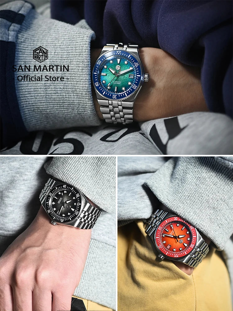 San Martin 40mm Enamel Spiral Dial Integrated Bracelet Men Diver Watch Miyota 9015 Automatic Mechanical Waterproof 200m SN0148