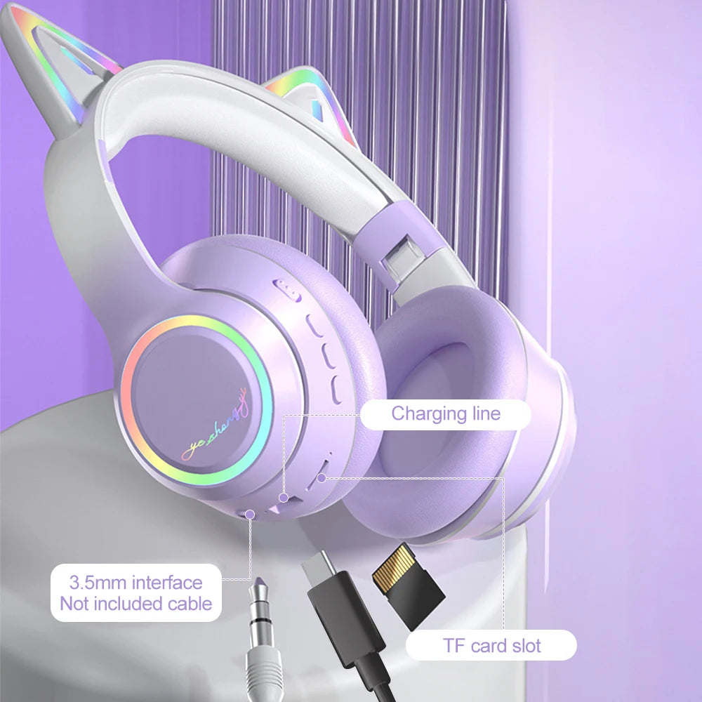 RGB Cat Ear Bluetooth Headphones Wireless Kids Headset with Microphone, Gradient LED Light Gaming Headphones, Stereo Music Bluetooth 5.3 Earphones for Girls
