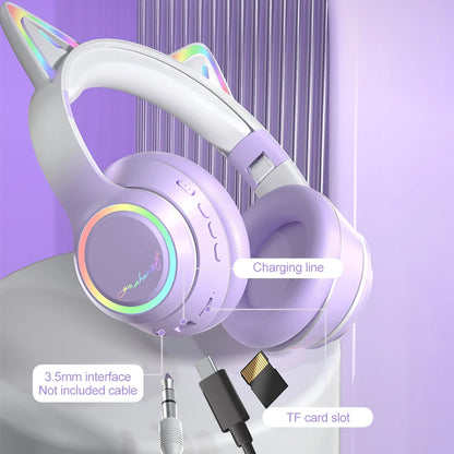 RGB Cat Ear Bluetooth Headphones Wireless Kids Headset with Microphone, Gradient LED Light Gaming Headphones, Stereo Music Bluetooth 5.3 Earphones for Girls