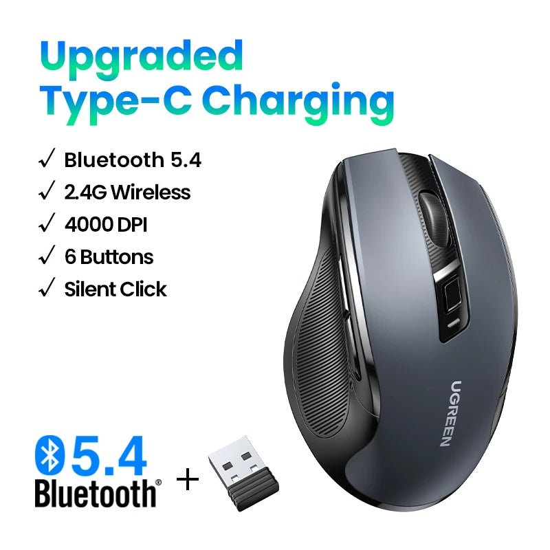 UGREEN Wireless Ergonomic Mouse 4000 DPI Silent Wireless Mouse with 6 Buttons, 2.4G & Bluetooth Ergonomic Mouse for Laptop, MacBook, PC & Tablet