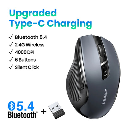 UGREEN Wireless Ergonomic Mouse 4000 DPI Silent Wireless Mouse with 6 Buttons, 2.4G & Bluetooth Ergonomic Mouse for Laptop, MacBook, PC & Tablet