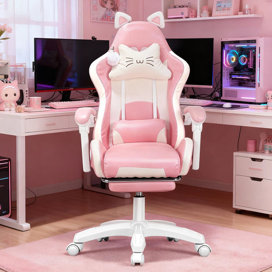 Cat Ear Gaming Chair with Footrest, Ergonomic Computer Gaming Chair with Lumbar Support, Adjustable Height 360° Swivel Racing Chair
