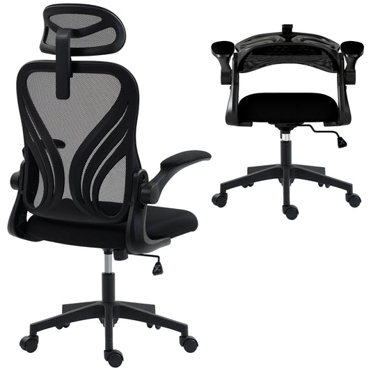 HOMCOM Ergonomic Office Chair with Mesh Back, Adjustable Headrest, Foldable Armrests, 360° Swivel Desk Chair for Home & Office