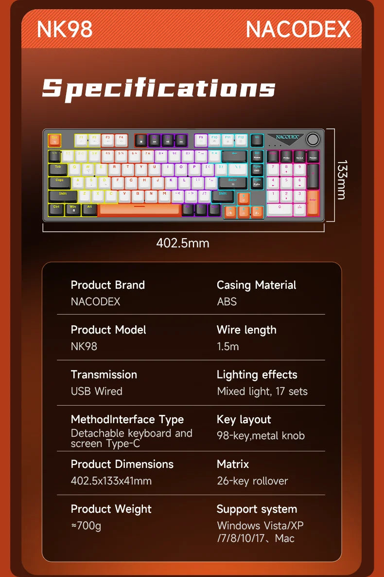 AJAZZ NK98 Wired Mechanical Keyboard: Full-Key Hot-Swap, 98-Key Layout for Precise Performance; Wired, Stable Control, Multi-System Compatibility; Windows Vista/XP/7/8/10/17, Mac: Wired connection for stable control and low l