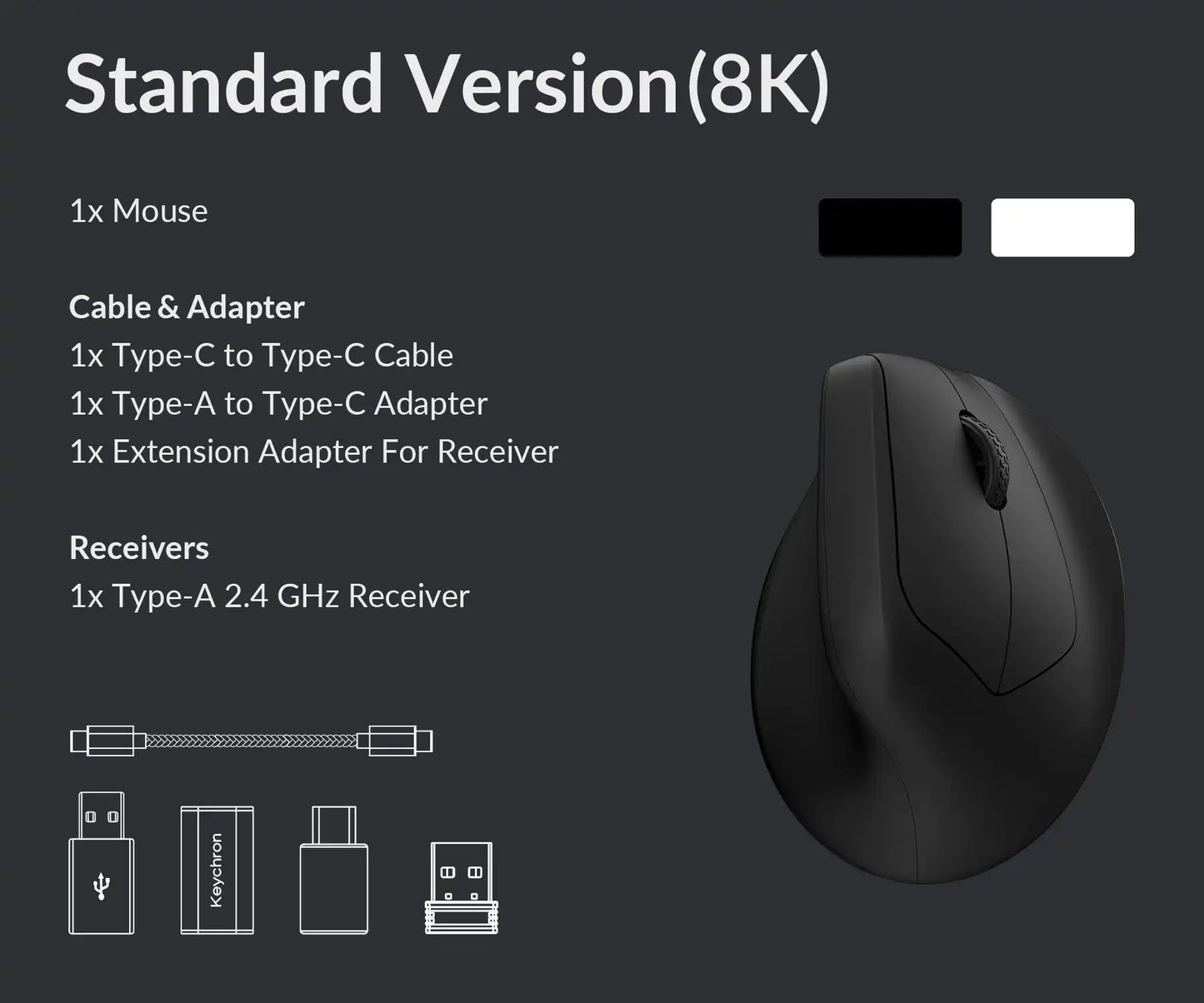 Keychron M5 draadloze ergonomische optische muis, 8K polling rate, 2.4GHz & Bluetooth, Type-C, 3950-sensor