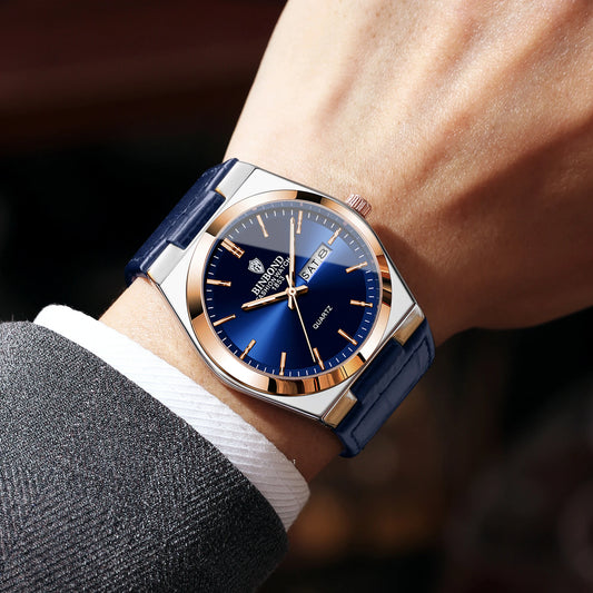 Luxury BINBOND quartz wristwatch with leather strap, accurate, luminous, water-resistant, automatic date and day-of-the-week display, durable, for men.