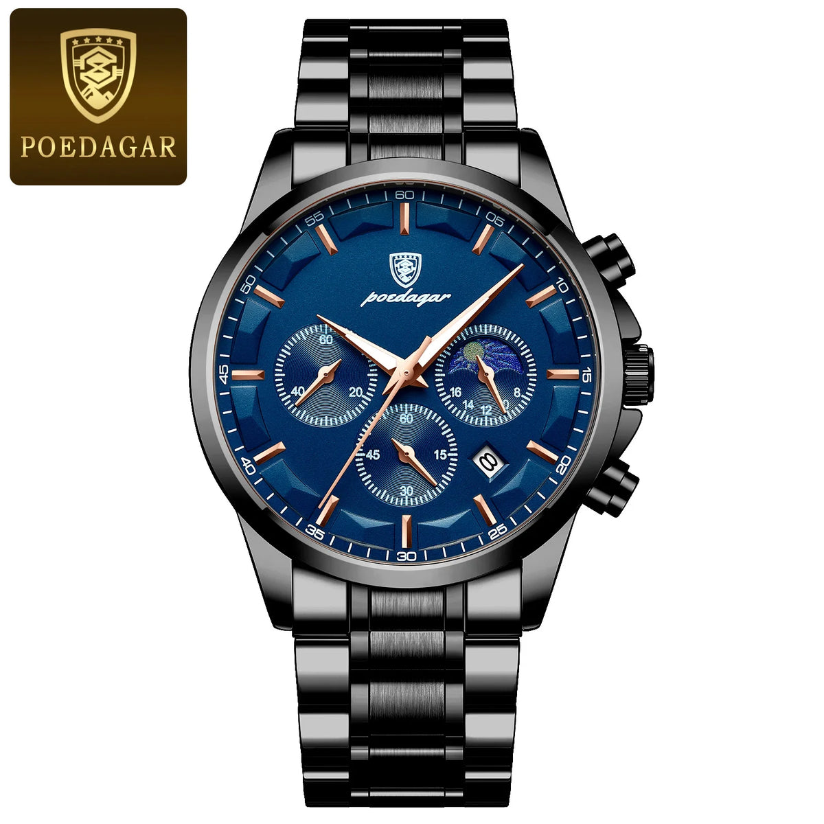 Luxus-Herrenarmbanduhr POEDAGAR, im Militärstil, wasserdicht, mit Leuchtzeiger, Chronograph, aus Edelstahl, Quarzwerk, inklusive Verpackung.