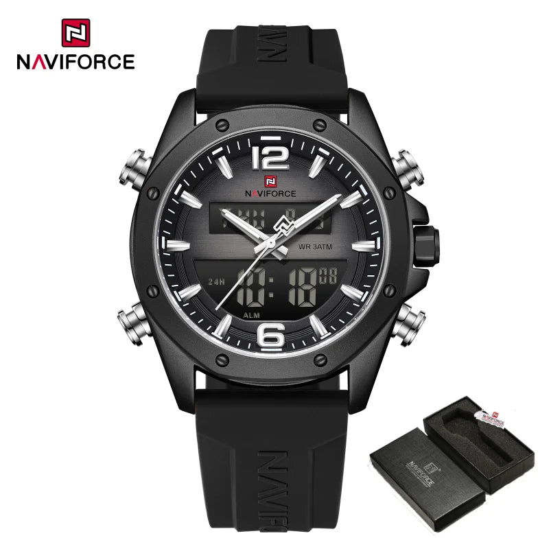 NAVIFORCE Men Quartz LCD Dual Display Watch With Silicone Strap 3ATM Waterproof Shockproof Night Light Round Case Sport Casual