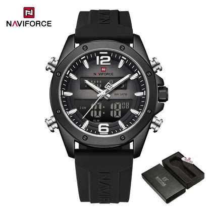 NAVIFORCE Men Quartz LCD Dual Display Watch With Silicone Strap 3ATM Waterproof Shockproof Night Light Round Case Sport Casual