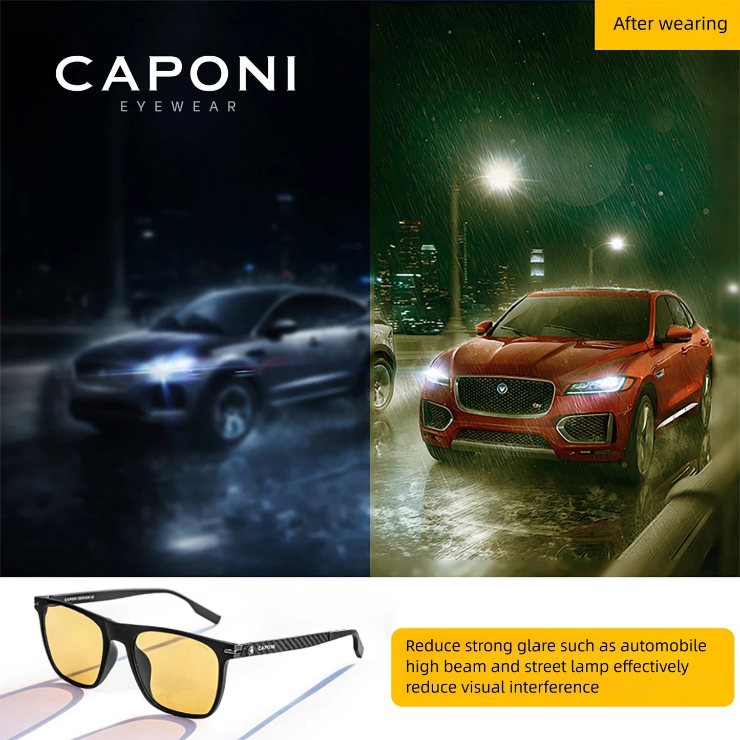 CAPONI Night Vision Men Sunglasses Original Designer High Quality Carbon Fiber Yellow Sun Glasses Photochromic Eyewear BSYS24716