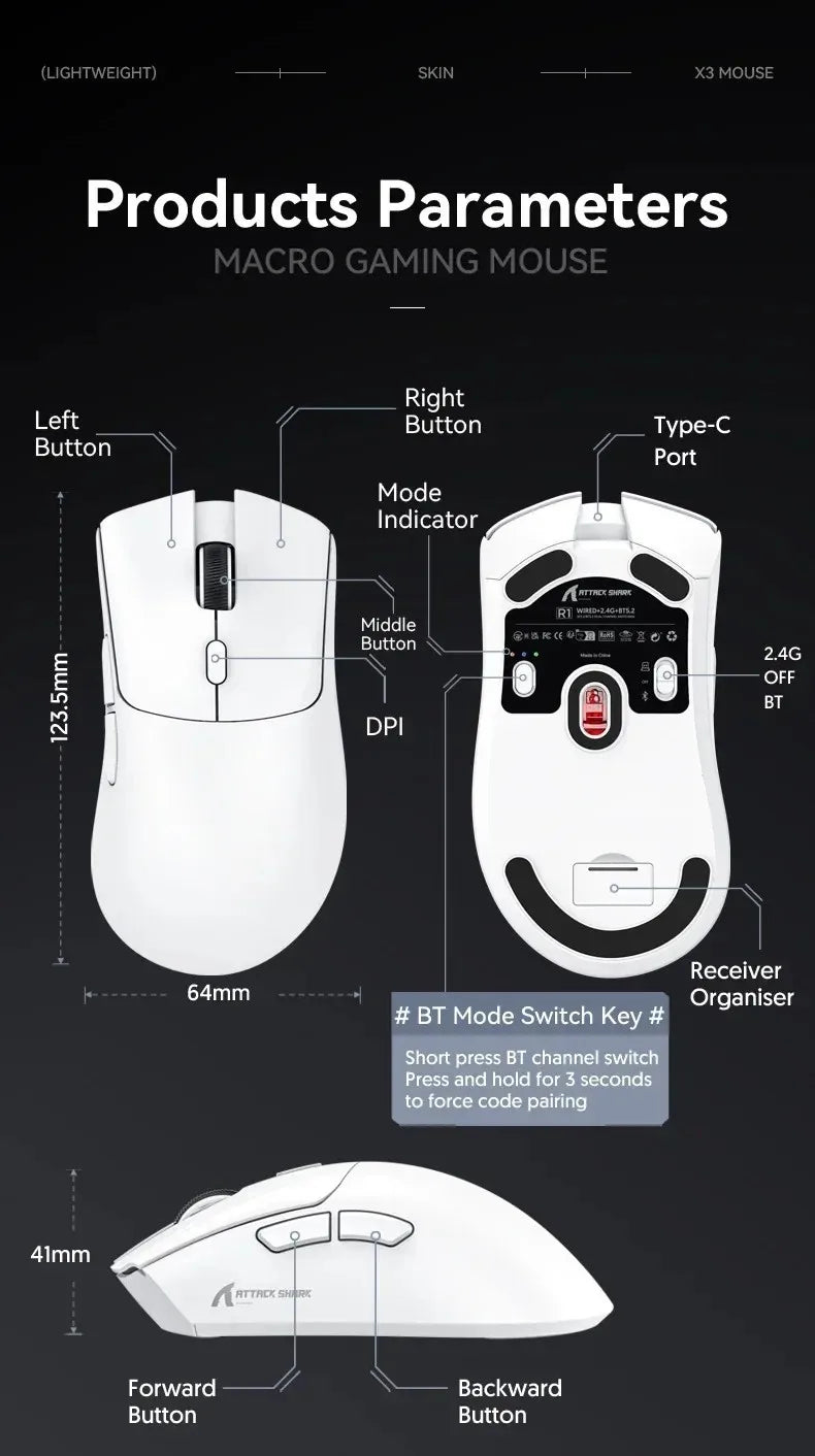 ATTACK SHARK R1 59g ultralätt mus med PAW3311, 18000DPI, 400IPS, 40G, 1000Hz, Tri-Mode, Broadcom BK3633 Master, 20 miljoner klick
