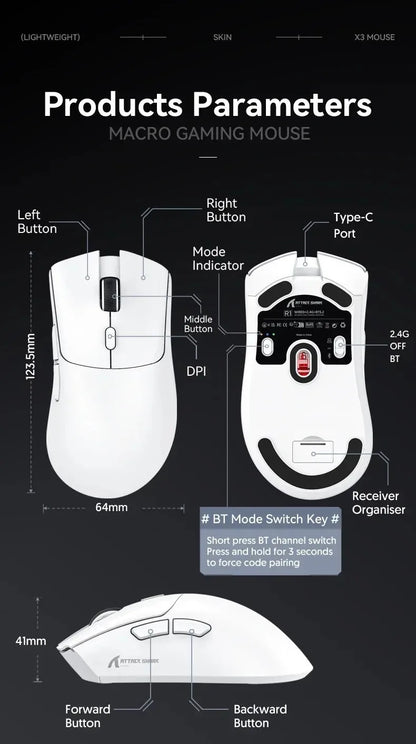 ATTACK SHARK R1 59g ultralätt mus med PAW3311, 18000DPI, 400IPS, 40G, 1000Hz, Tri-Mode, Broadcom BK3633 Master, 20 miljoner klick