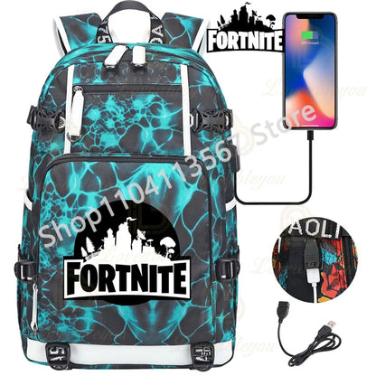 Ultima Knight F-Fortnited Battle Royale Backpack with USB Charging Anime Figures Study Stationery Compartment for Students