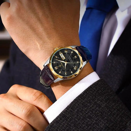POEDAGAR men’s watch, original luxury model: water-resistant, luminescent, with date and day display. A classic, professional-style quartz watch, featuring a leather strap.