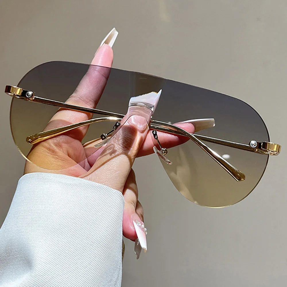Women's Oversize Rimless One-Piece Shield Sunglasses Fashion Gradient Sun Glasses Alloy Sexy Driving Shades men punk shades