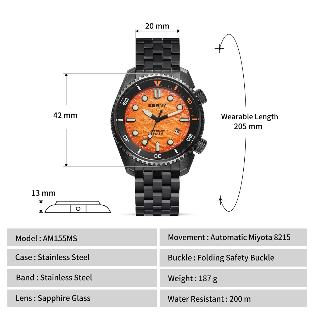 BERNY 20ATM Automatic Men's Watch Diver Sports Diving Watches Luxury Sapphire 316L Stainless Steel Mechanical Waterproof Watches
