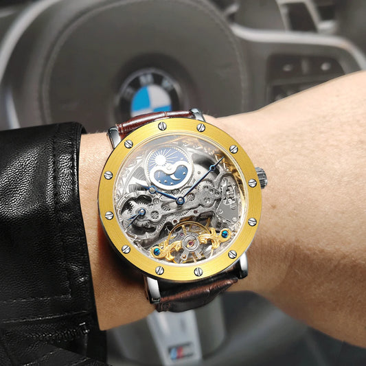 Mechanische SKROX-Automatikuhr für Herren, Skelettmodell mit GMT-Funktion, Mondphase und Tourbillon – Elegante und originelle Luxusuhr der Spitzenklasse.