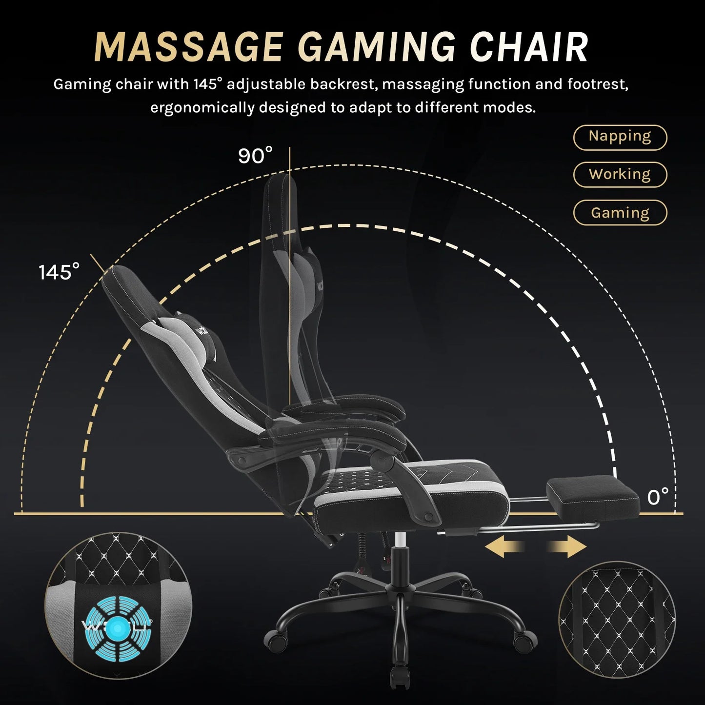 WOLTU snurrbar datorstol med massagefunktion, ergonomisk kontorsstol med kudde och fotstöd, höjdjusterbar gamingstol