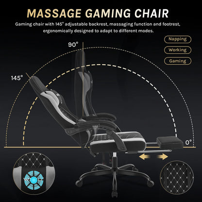 WOLTU snurrbar datorstol med massagefunktion, ergonomisk kontorsstol med kudde och fotstöd, höjdjusterbar gamingstol