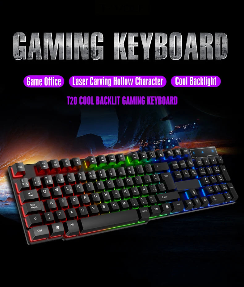 T20 Wired Keyboard Computer Accessories Russian Spanish Keyboard USB Game RGB Backlit Mechanical Touch Keycap Standard 104 Keys