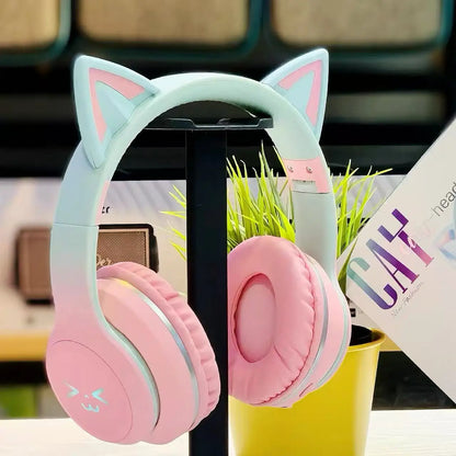 Casque Bluetooth 5.1 sans fil SOYTO avec oreilles de chat lumineuses dégradées, réduction de bruit, écouteurs supra-auriculaires mignons pour téléphone, PC et jeux