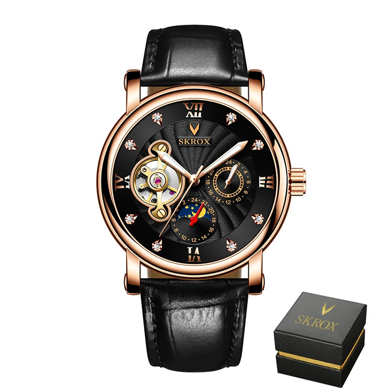 Luksuriøst mekanisk armbåndsur til mænd med automatisk urværk fra et førende mærke, udstyret med tourbillon, månefase og diamanter – et elegant armbåndsur.