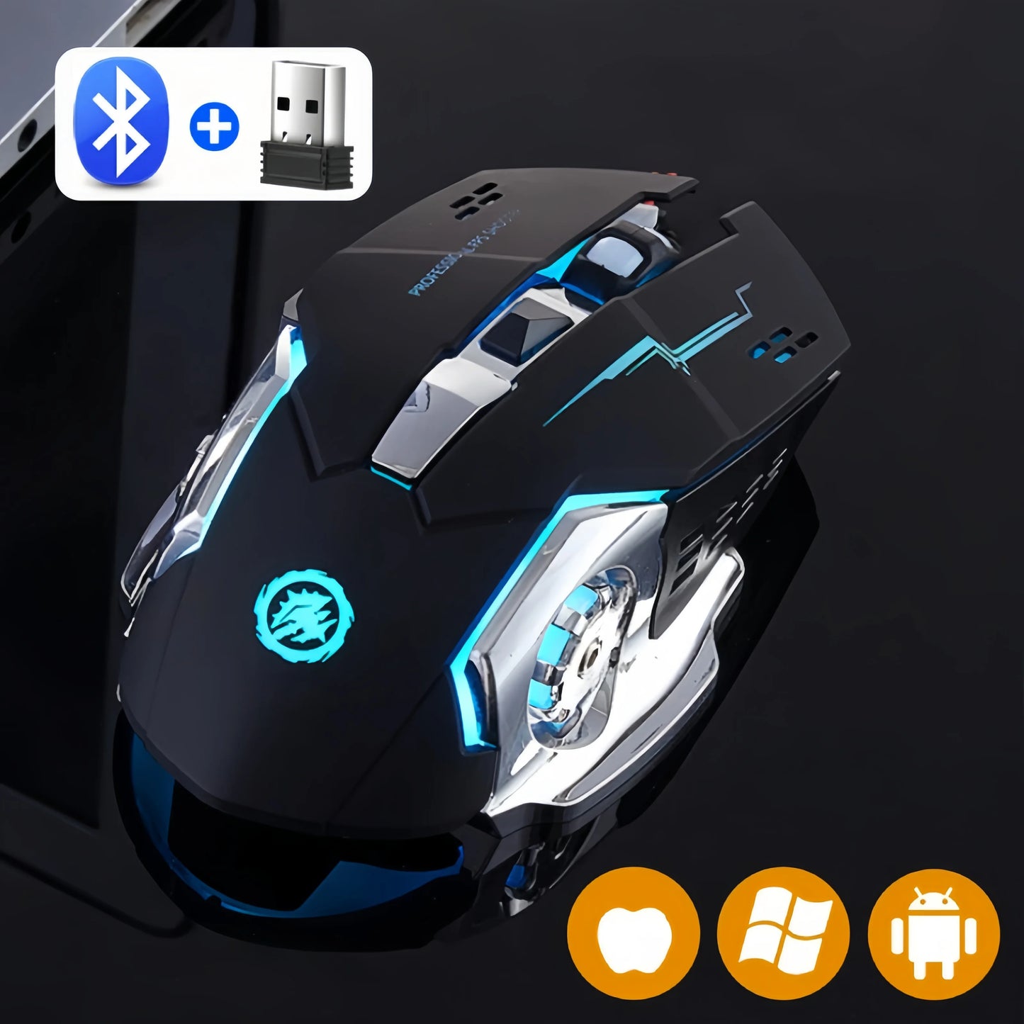 Újratölthető vezeték nélküli gaming egér – csendes Bluetooth/USB, RGB háttérvilágítás, e-sporthoz PC-re