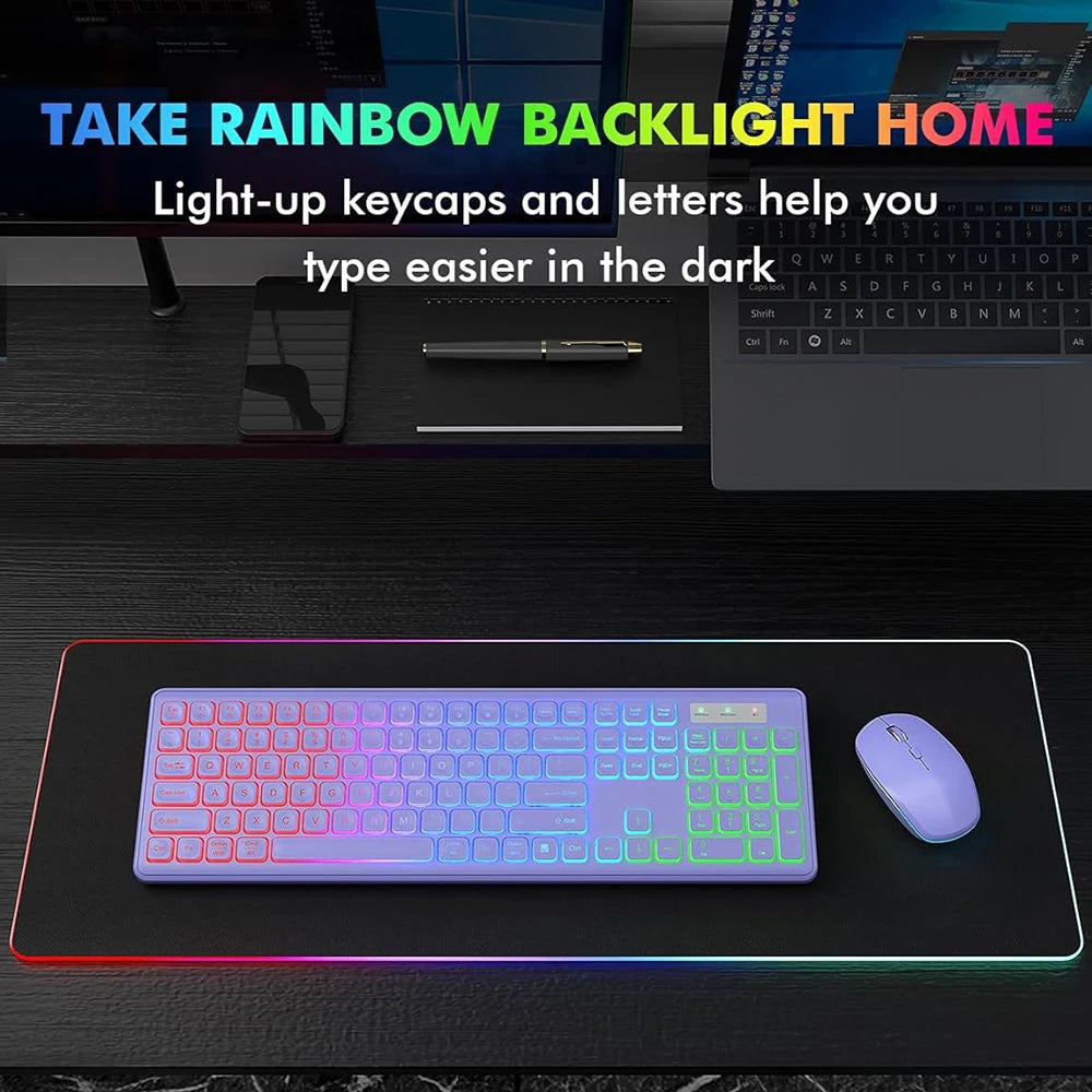 Ergonomic 2.4Ghz Wireless Keyboard Mouse Combo for PC/Laptop/Desktop Rechargeable Full Size Keyboard Mouse Set With RGB Backlit
